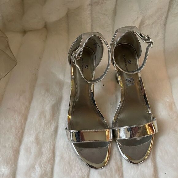 worthington metallic silver ankle straps block heels open toe size 9.5 - Picture 8 of 10
